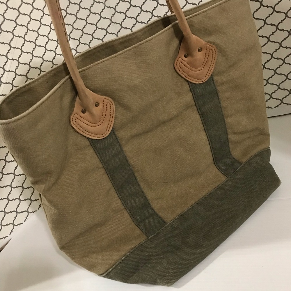 LL Bean Leather Handles Tote Bag Canvas Plaid Lined Brown Green Boat Vintage - Picture 5 of 13